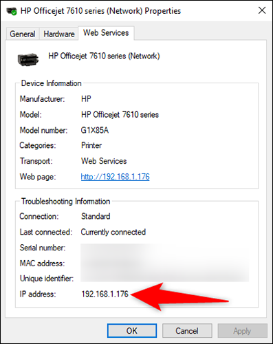 O endereço IP de uma impressora na janela "Propriedades" da impressora no Windows 10.