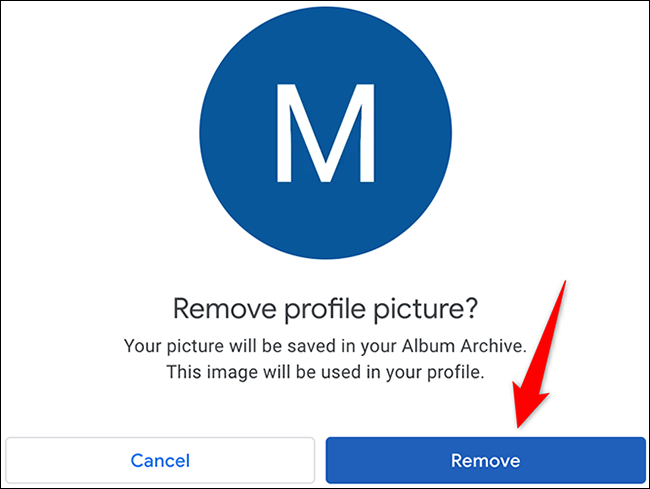 Clique em "Remover" no prompt "Remover foto do perfil" no site da Conta do Google.