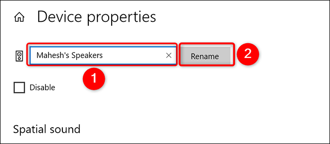 Digite um novo nome e clique em "Renomear" na página "Propriedades do dispositivo" em Configurações no Windows 10.