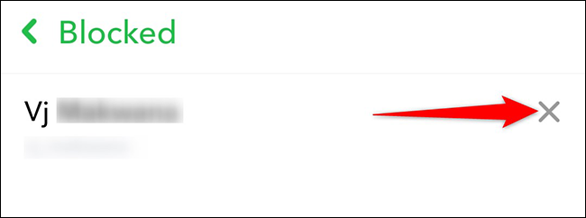 Toque no "X" ao lado de um usuário na página "Bloqueado" no Snapchat.