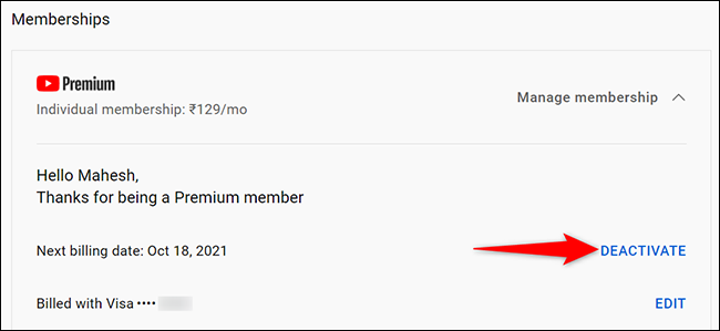 Selecione "Desativar" na seção "Premium" do site do YouTube.