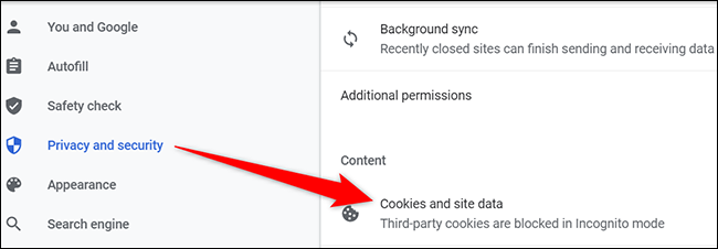 Selecione "Cookies e dados do site" na página "Configurações do site" no Chrome na área de trabalho.