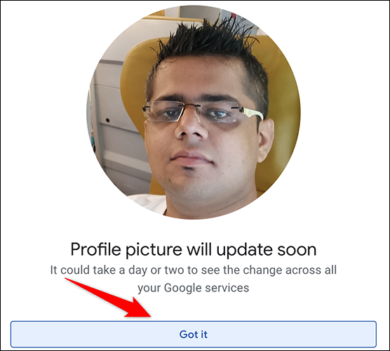 Clique em "Entendi" para fechar a caixa de mensagem de sucesso da remoção da foto do perfil no site da Conta do Google.