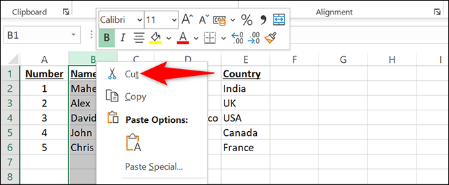 Clique com o botão direito na letra da coluna e selecione "Cortar" no Excel.