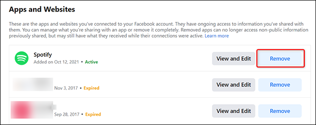 Clique em “Remover” ao lado de “Spotify” na página “Aplicativos e sites” no Facebook.