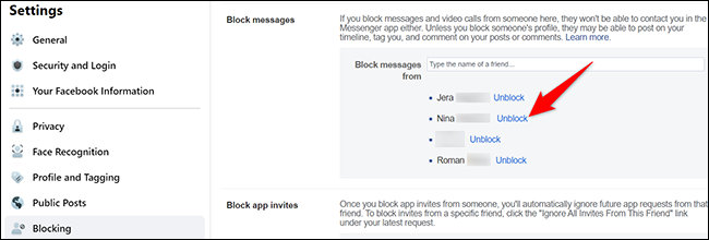 Clique em “Desbloquear” ao lado de um nome de usuário na página “Gerenciar bloqueio” no Facebook.