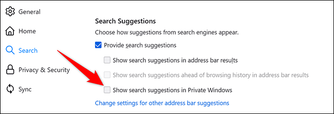 Desative a opção "Mostrar sugestões de pesquisa em janelas privadas" na página "Configurações" do Firefox na área de trabalho.