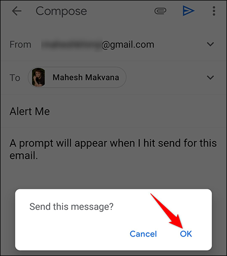 Selecione "OK" no prompt "Enviar esta mensagem" do aplicativo Gmail.
