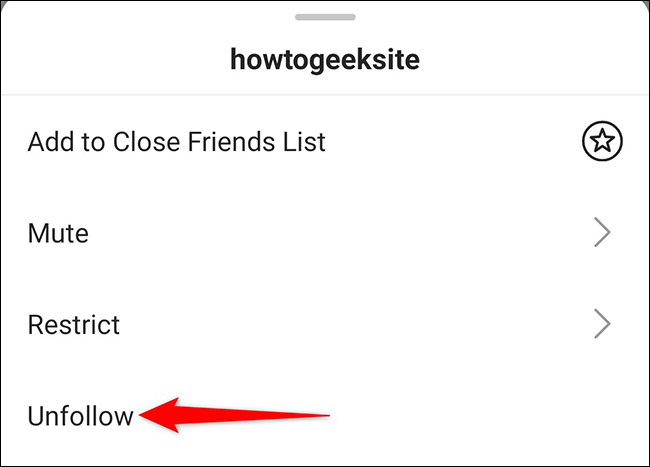 Toque em Seguindo> Parar de seguir na página de perfil do usuário no aplicativo Instagram.