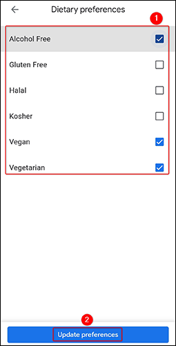 Especifique as preferências dietéticas e toque em "Atualizar preferências" na página "Preferências dietéticas" no Maps.