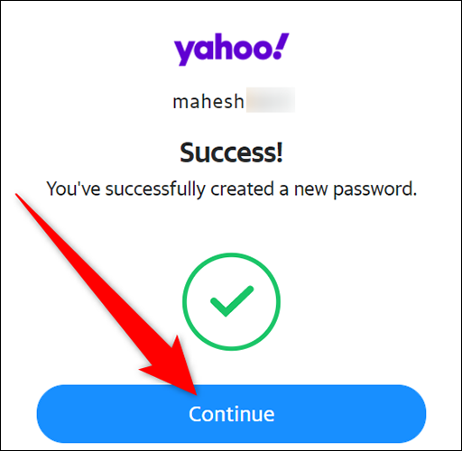 Clique em "Continuar" na página "Sucesso" do site do Yahoo.