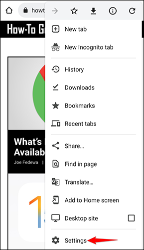 Selecione “Configurações” no menu de três pontos no Chrome no Android.