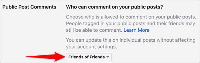 Selecione uma opção no menu "Public Post Comments" no Facebook.