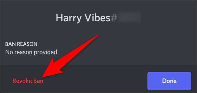 Selecione "Revogar Ban" no Discord na área de trabalho.