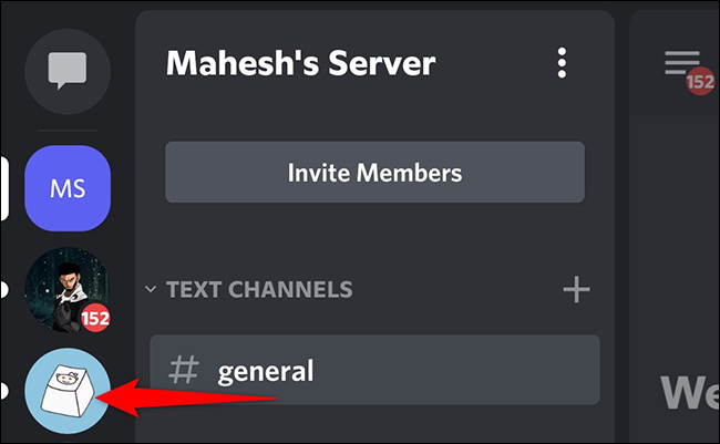 Selecione um servidor no Discord no celular.