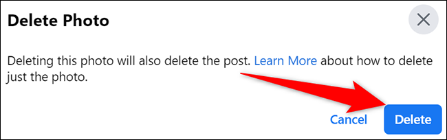 Selecione "Excluir" no prompt "Excluir foto" no Facebook.