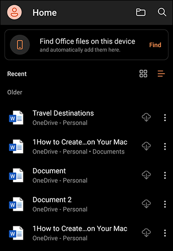 Microsoft Office para Android no modo escuro.