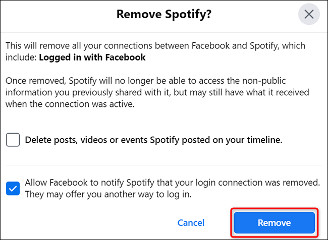 Clique em “Remover” na janela “Remover Spotify” no Facebook.