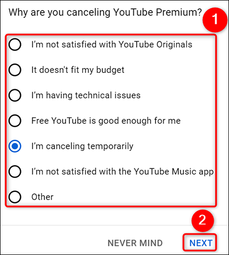 Selecione um motivo para o cancelamento e clique em "Avançar" no site do YouTube.