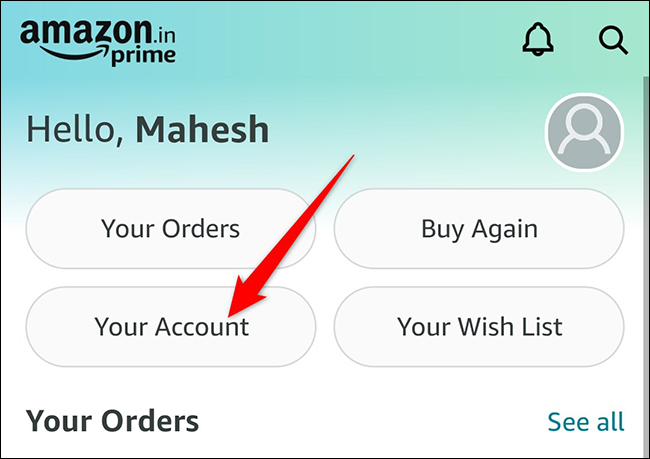 Toque em "Sua conta" na tela "Olá" no aplicativo Amazon.