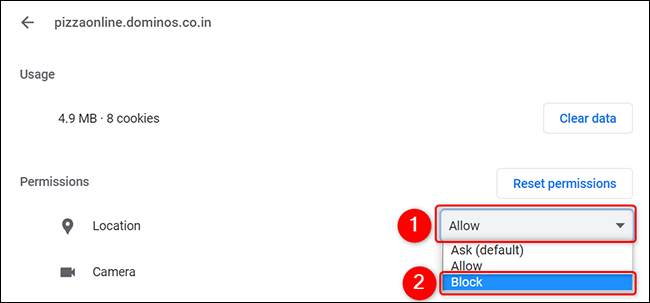 Clique em “Permitir” e depois em “Bloquear” para um site no Chrome no desktop.