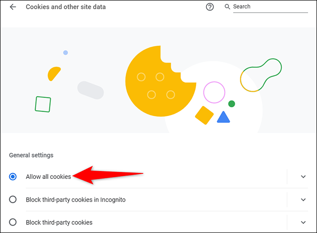 Ative "Permitir todos os cookies" na página "Cookies e outros dados do site" no Chrome no desktop.