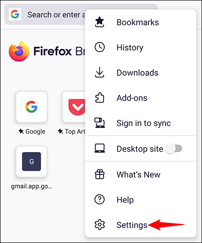 Selecione “Configurações” no menu de três pontos no Firefox no Android.