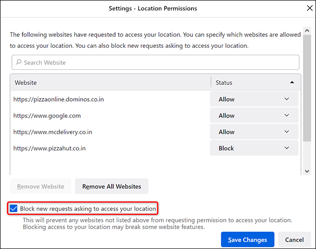 Habilite a opção "Bloquear novas solicitações para acessar seu local" em "Configurações" no Firefox na área de trabalho.