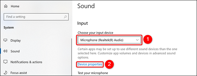 Selecione o microfone no menu suspenso "Escolha seu dispositivo de entrada" e clique em "Propriedades do dispositivo" em Configurações no Windows 10.