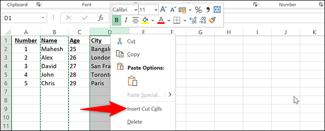 Clique com o botão direito na letra da coluna de destino e selecione "Inserir células cortadas" no Excel.