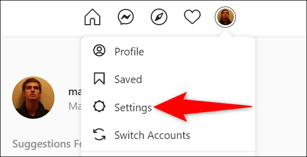 Selecione "Configurações" no menu de perfil no site Instagram.