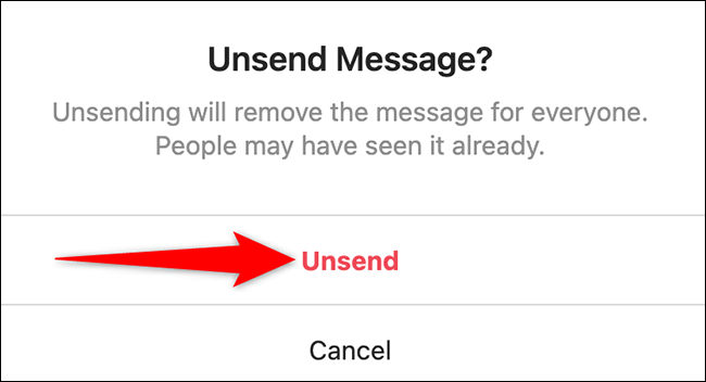 Clique em “Unsend” no prompt “Unsend Message” no site Instagram.