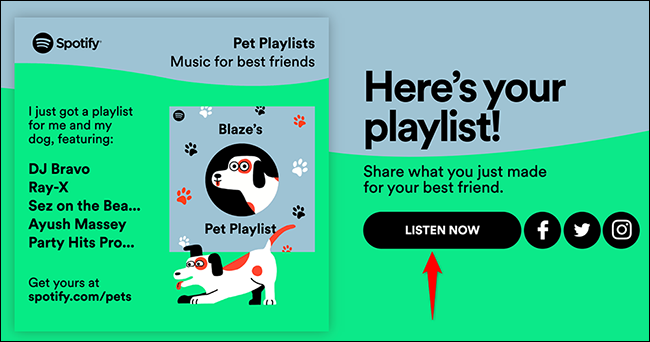 Clique em "Ouça agora" no site Spotify for Pets.