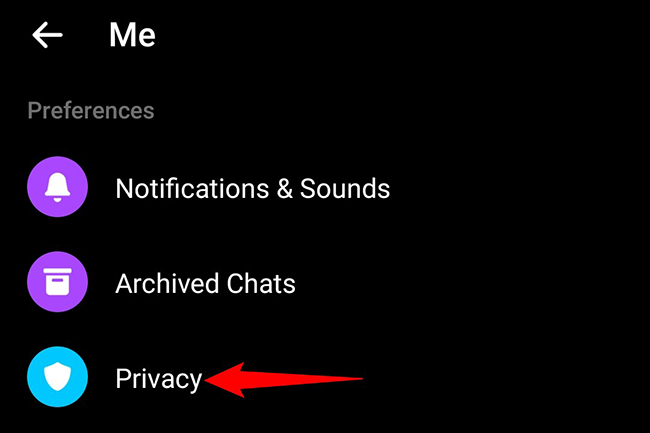 Toque em "Privacidade" na tela "Eu" do Messenger.