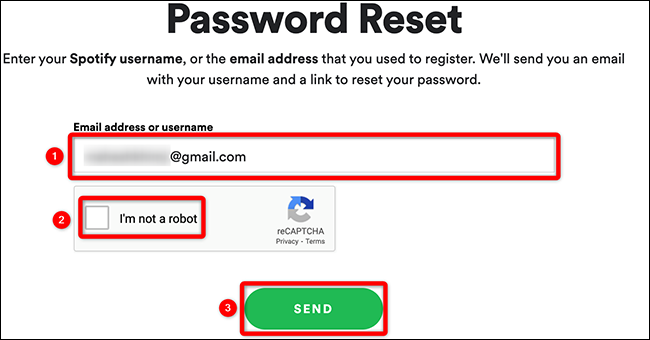 Digite seu nome de usuário ou e-mail, confirme o captcha e clique em "Enviar" na página "Redefinição de senha" do Spotify.