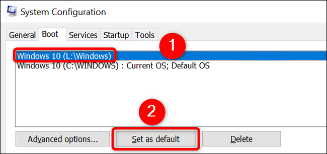 Selecione um sistema operacional e clique em "Definir como padrão" na guia "Inicializar" na janela "Configuração do sistema".