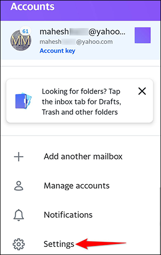 Toque em "Configurações" na tela "Contas" no aplicativo Yahoo Mail.