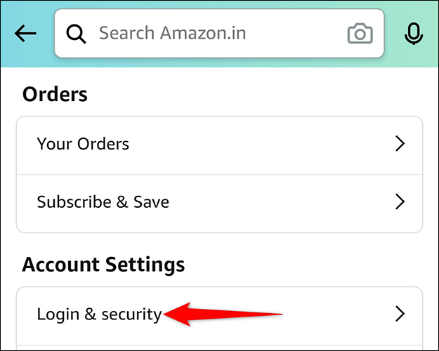 Selecione "Login e segurança" na seção "Configurações da conta" na página "Sua conta" no aplicativo Amazon.
