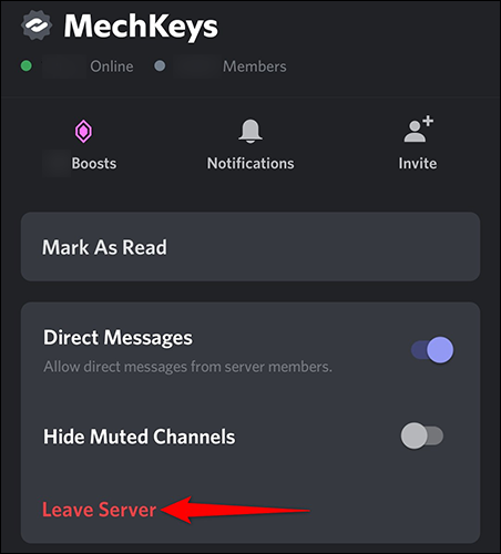 Selecione "Sair do servidor" no menu do servidor no Discord no celular.