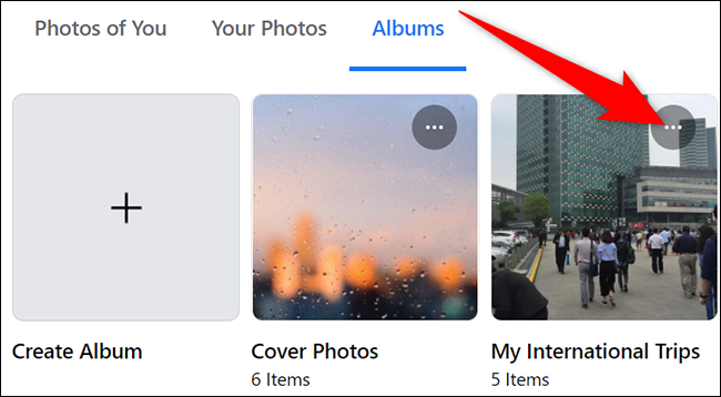 Clique nos três pontos no canto superior direito de um álbum no Facebook.