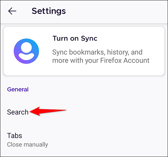 Selecione "Pesquisar" na página "Configurações" do Firefox no Android.