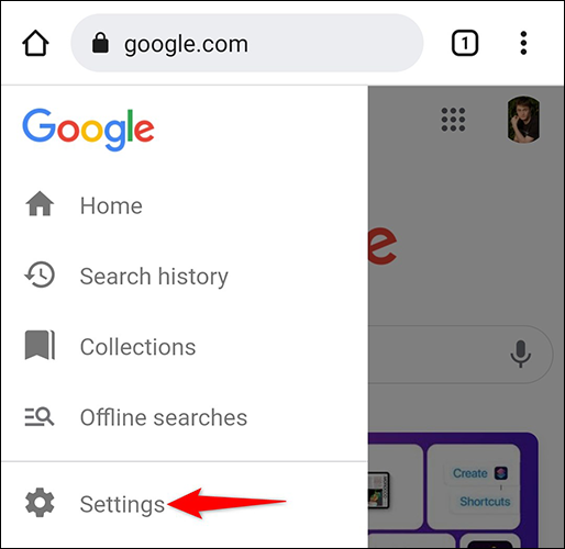 Toque em "Configurações" no menu da Pesquisa Google no celular.