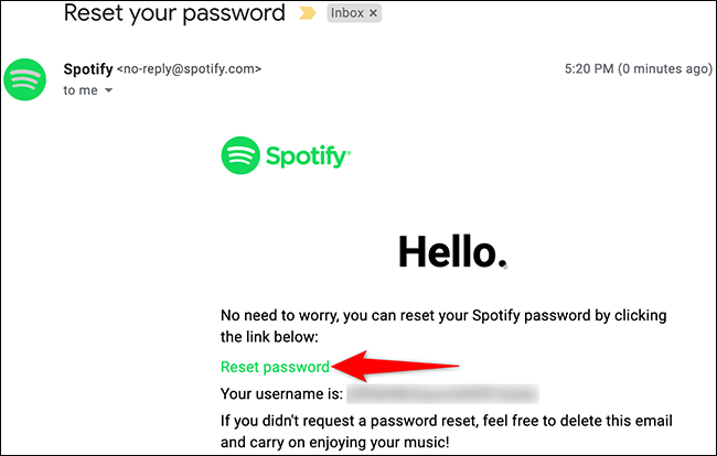 Clique em "Redefinir senha" no e-mail do Spotify.