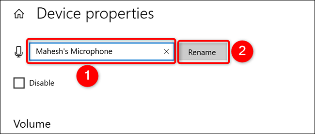 Digite um novo nome para o microfone e clique em "Renomear" na página "Propriedades do dispositivo" em Configurações no Windows 10.