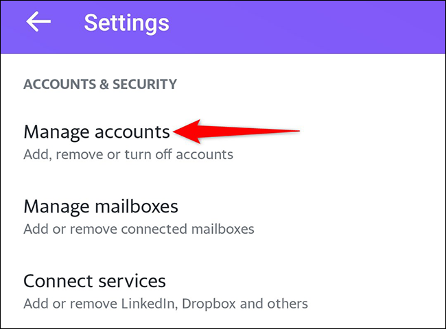Selecione "Gerenciar contas" na tela "Configurações" do aplicativo Yahoo Mail.