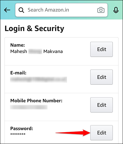 Toque em "Editar" ao lado de "Senha" na página "Login e segurança" no aplicativo Amazon.