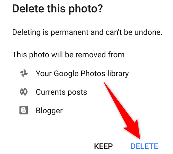Selecione "Excluir" no prompt "Excluir esta foto" no site da Conta do Google.