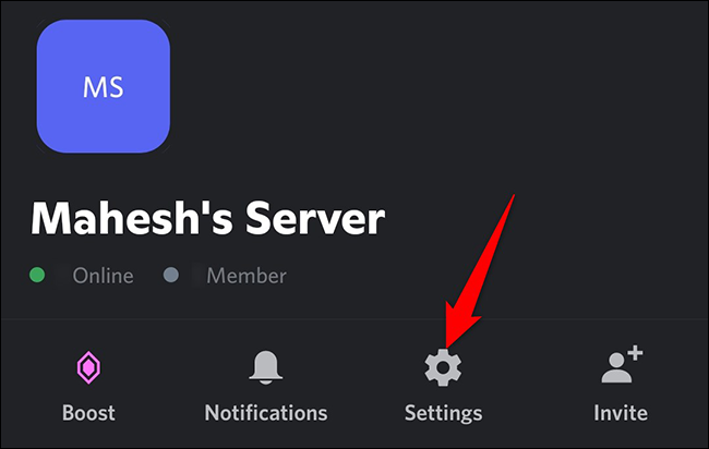 Selecione "Configurações" na página do servidor no Discord no celular.