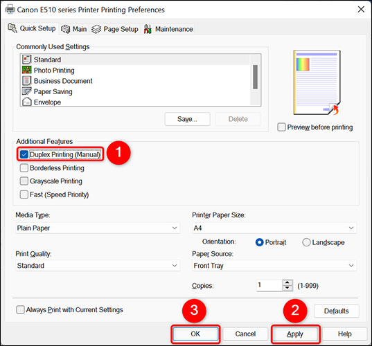 Ative a "Impressão Duplex (Manual)" e clique em "Aplicar" seguido de "OK" em Configurações.