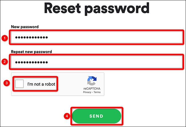 Digite uma nova senha e clique em "Enviar" na página "Redefinir senha" do Spotify.